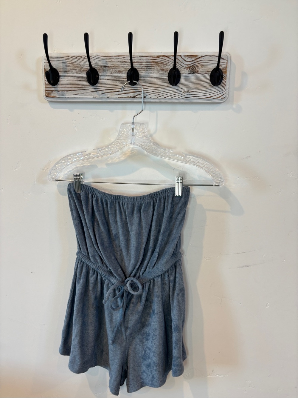 Strapless Blue Terry Cover-Up Romper with Drawstring Waist. Size XS